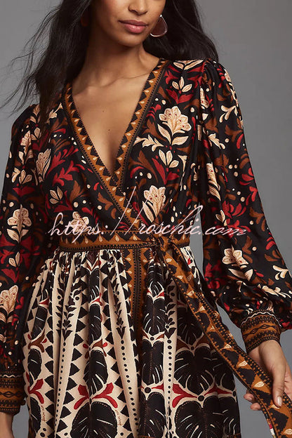 Fashion-forward Exotic Floral Print Lantern Sleeve Belted Mini Dress