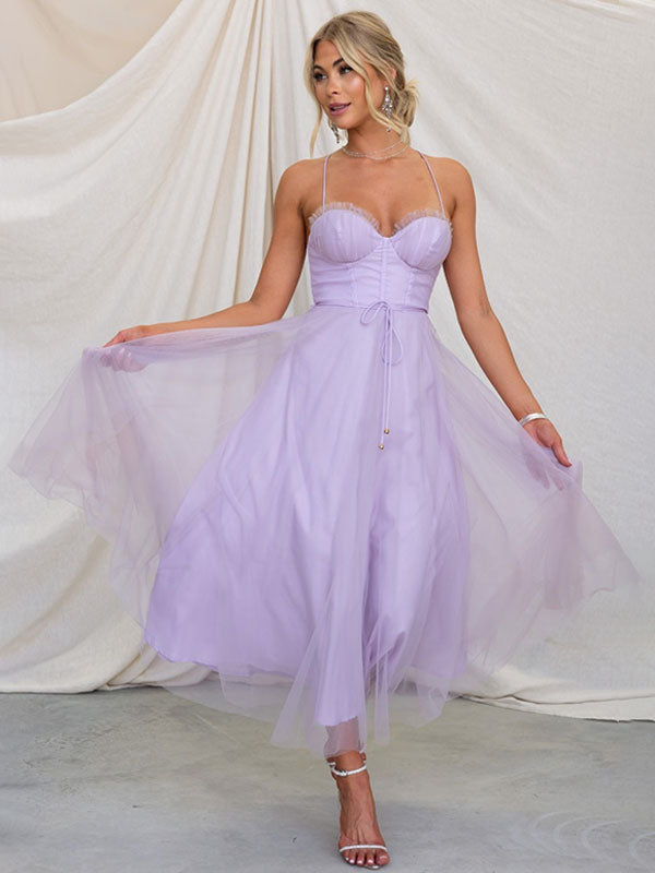 Corest Midi Dress Spaghetti Straps Shirred Lace-up Tulle Skirt Dresses