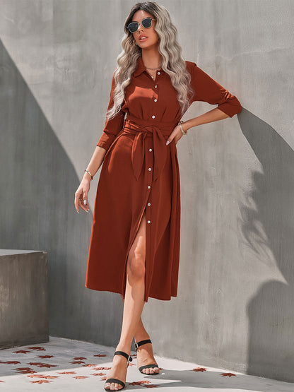 Turndown Collar Long Sleeves Midi Dress