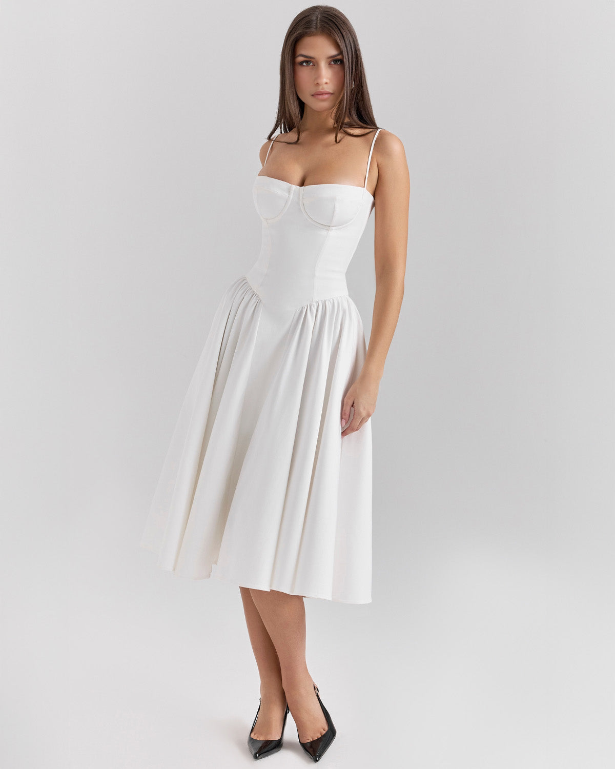 Bustier Spaghetti Strap Underwire Cup Dropped Waist Pleated Midi Dress