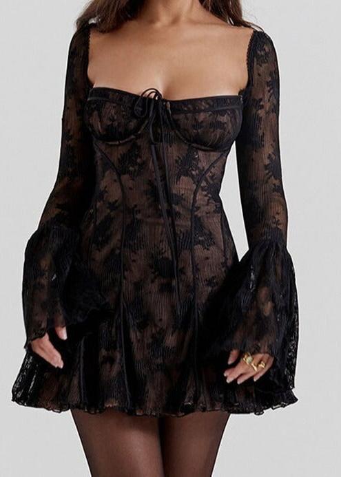 Floral Lace Bustier Tie Front Bell Sleeve Fit and Flare Mini Dress