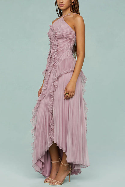 Dream Ode Lily Pad Style Pleats and Ruffles Halter Gown Maxi Dress