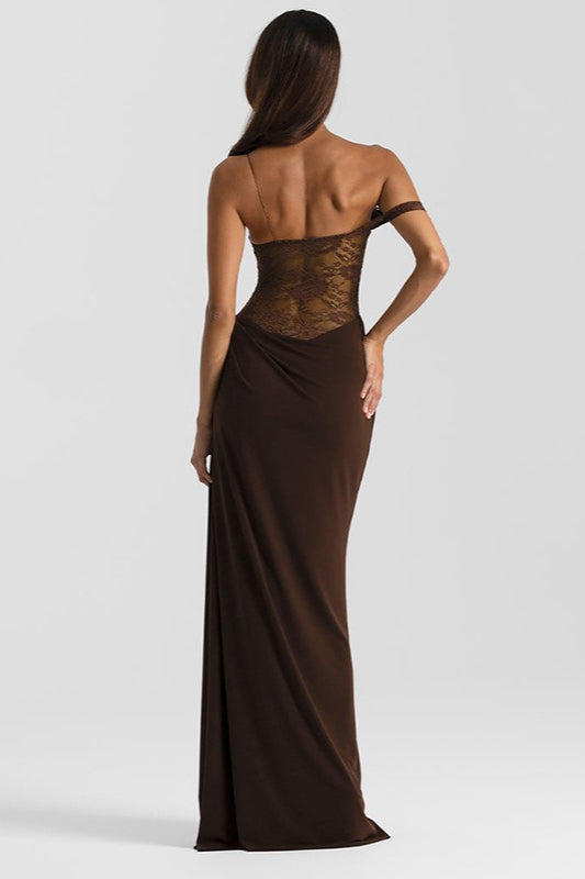Asymmetrical Lace Corset Bustier Draped Waist Column Maxi Gown