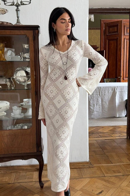| Knit Argyle Jacquard Long Sleeve Maxi Dress