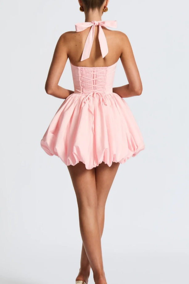 Halter Bow Back Corset Basque Waist Bubble Hem Mini Dress