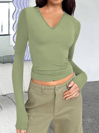 Solid V Neck Slim Long Sleeve Tee