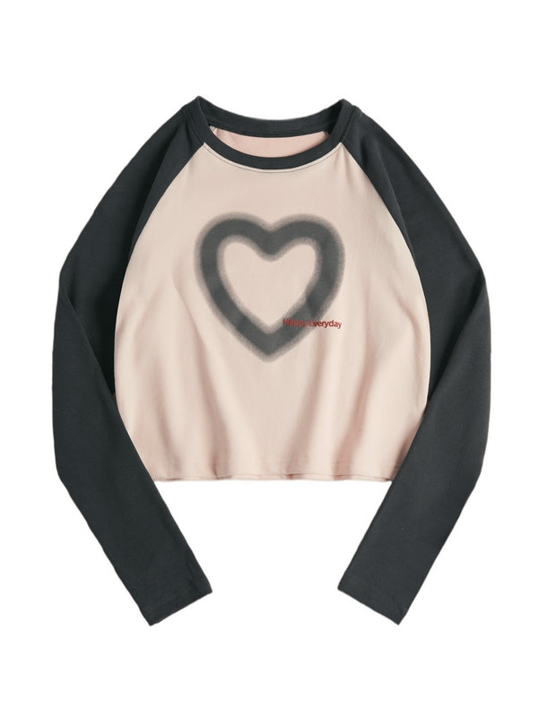 Blurred Heart Print Raglan Long Sleeve Tee