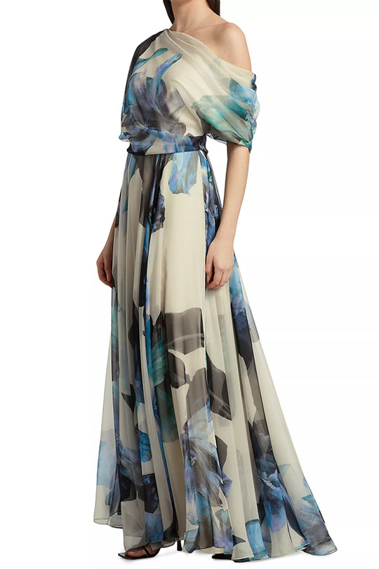 Floral Print One Shoulder Draped Sleeve Belted Pleated Maxi Dress