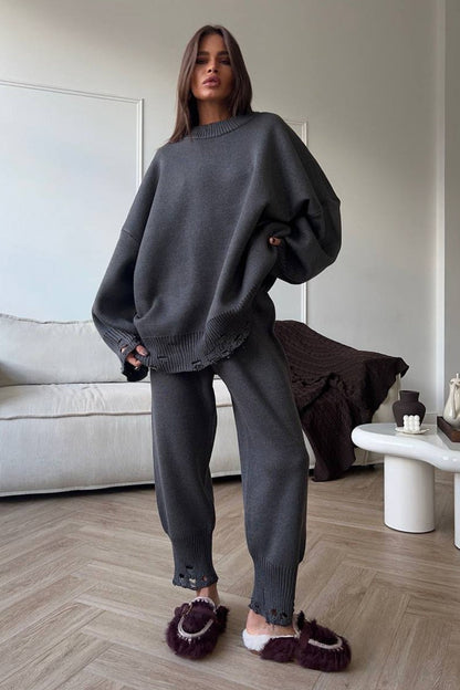 Solid Distressed Knit Crew Neck Sweater Two Piece Set