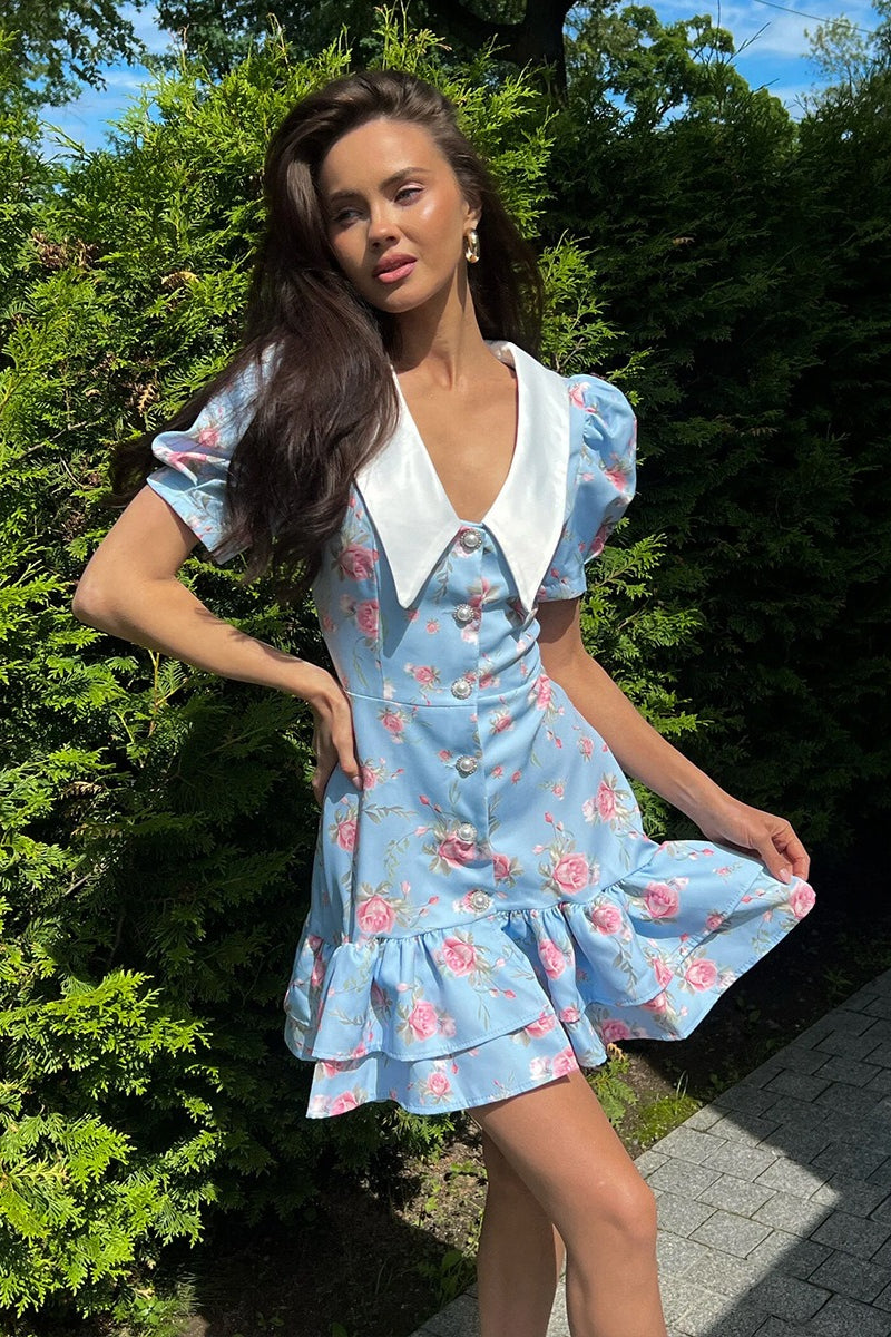 Floral Print Oversized Pointed Collar Puff Sleeve Button Front Tiered Mini Dress