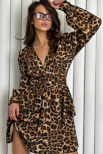 Spotted Print Deep V Wrap Puff Sleeve Tiered Ruffle Mini Dress