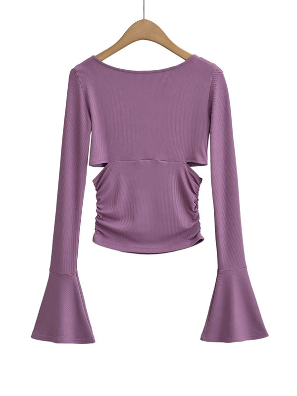 Solid V Neck Side Cutout Trumpet Sleeve Long Sleeve Knit
