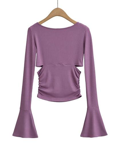 Solid V Neck Side Cutout Trumpet Sleeve Long Sleeve Knit