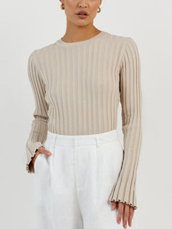 Solid Ribbed Crew Neck Long Sleeve Knit