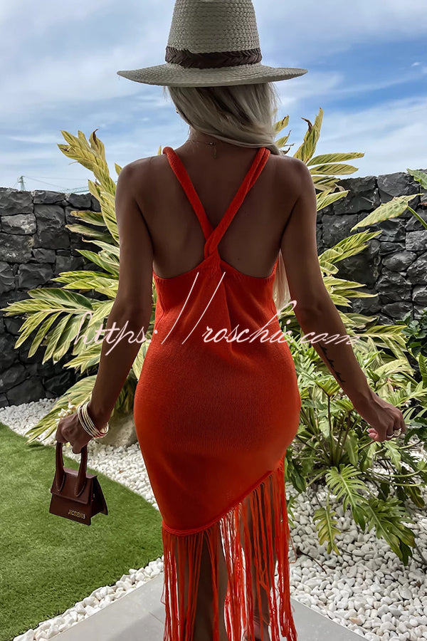 Summer Mood Knit Fringed Hem Back Cross Beach Vacation Maxi Dress