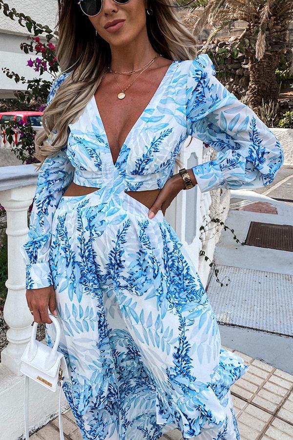 Botanical Leaf Print Deep V-Neck Side Cutout Puff Sleeve Tiered Maxi Dress