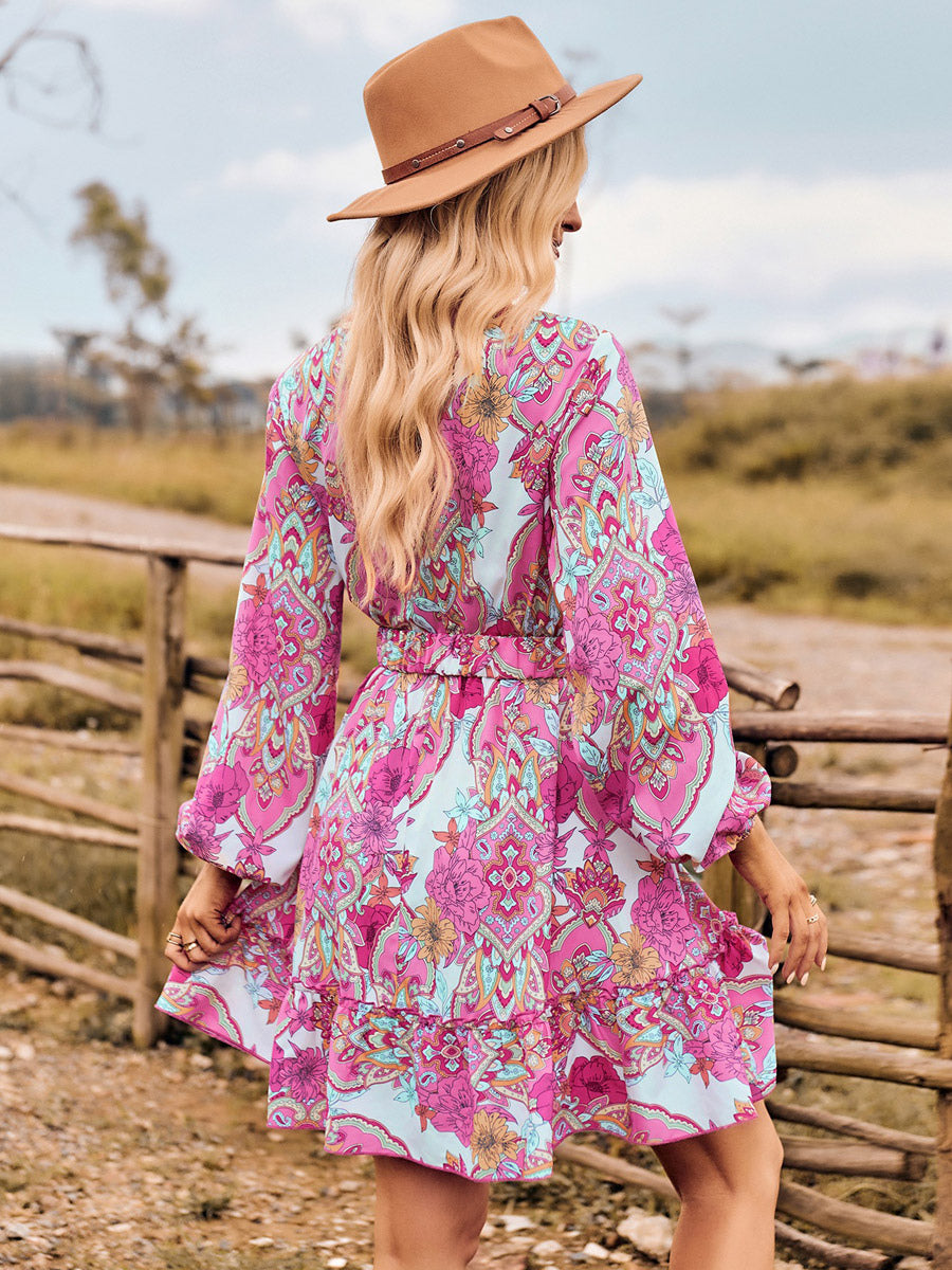 Boho Dress Sash V-Neck Lantern Sleeves Floral Beach Mini Dress