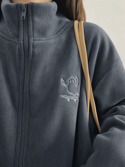 Embroidery Zip Up Fleece Jacket
