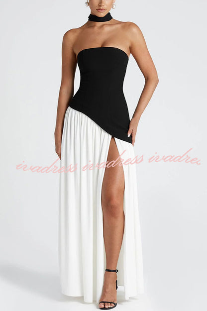 Elegant Off Shopulder Chiffon Pleated Hem Scarf Slit Maxi Dress