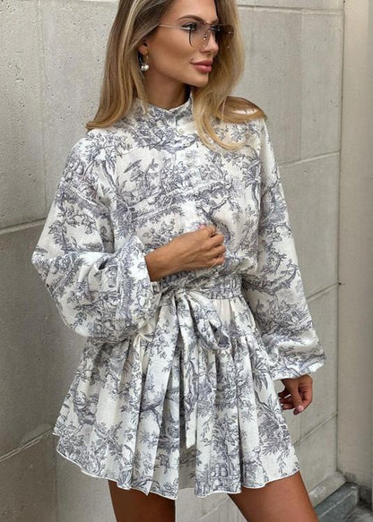 Toile Print Mandarin Collar Puff Sleeve Tie Waist A-Line Mini Dress
