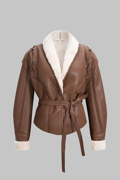 Faux Leather Belted Coat