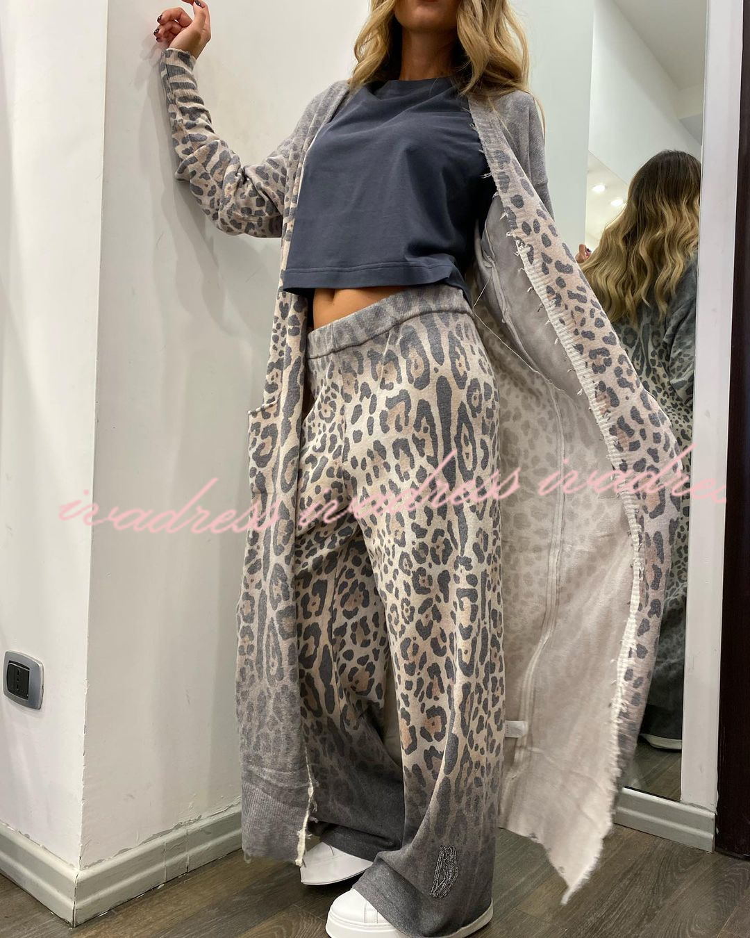 Comfort first Leopard Print Pocket Long Sleeve Cardigan Elastic Waist Pants Set
