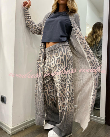 Comfort first Leopard Print Pocket Long Sleeve Cardigan Elastic Waist Pants Set