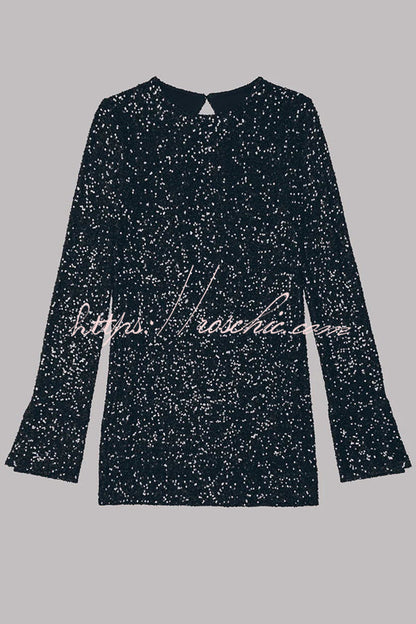 Flash Focus Sequin Extra Long Slit Sleeves Open Back Mini Dress