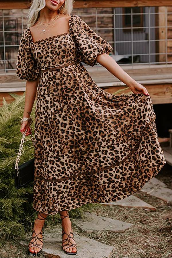 Print Square Neck Scalloped Lace Trim Puff Sleeve Tiered Maxi Dress