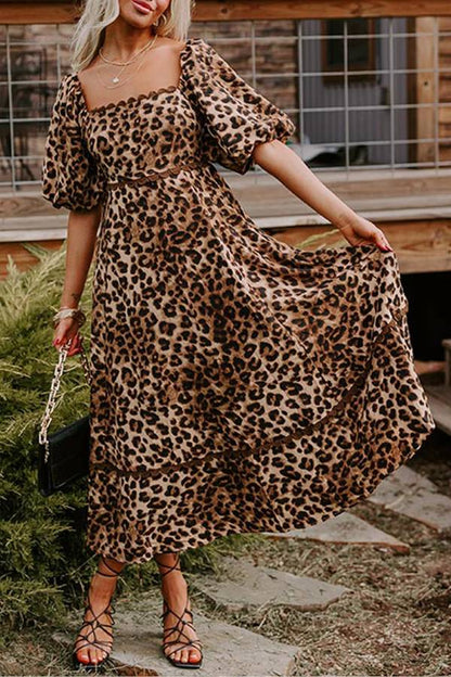 Print Square Neck Scalloped Lace Trim Puff Sleeve Tiered Maxi Dress