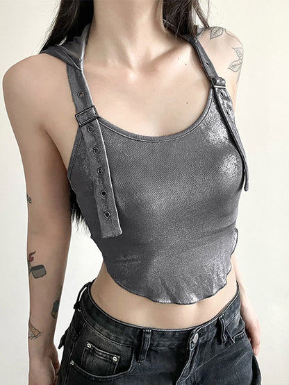 Metallic Eyelet Buckle Hooded Halter Vest