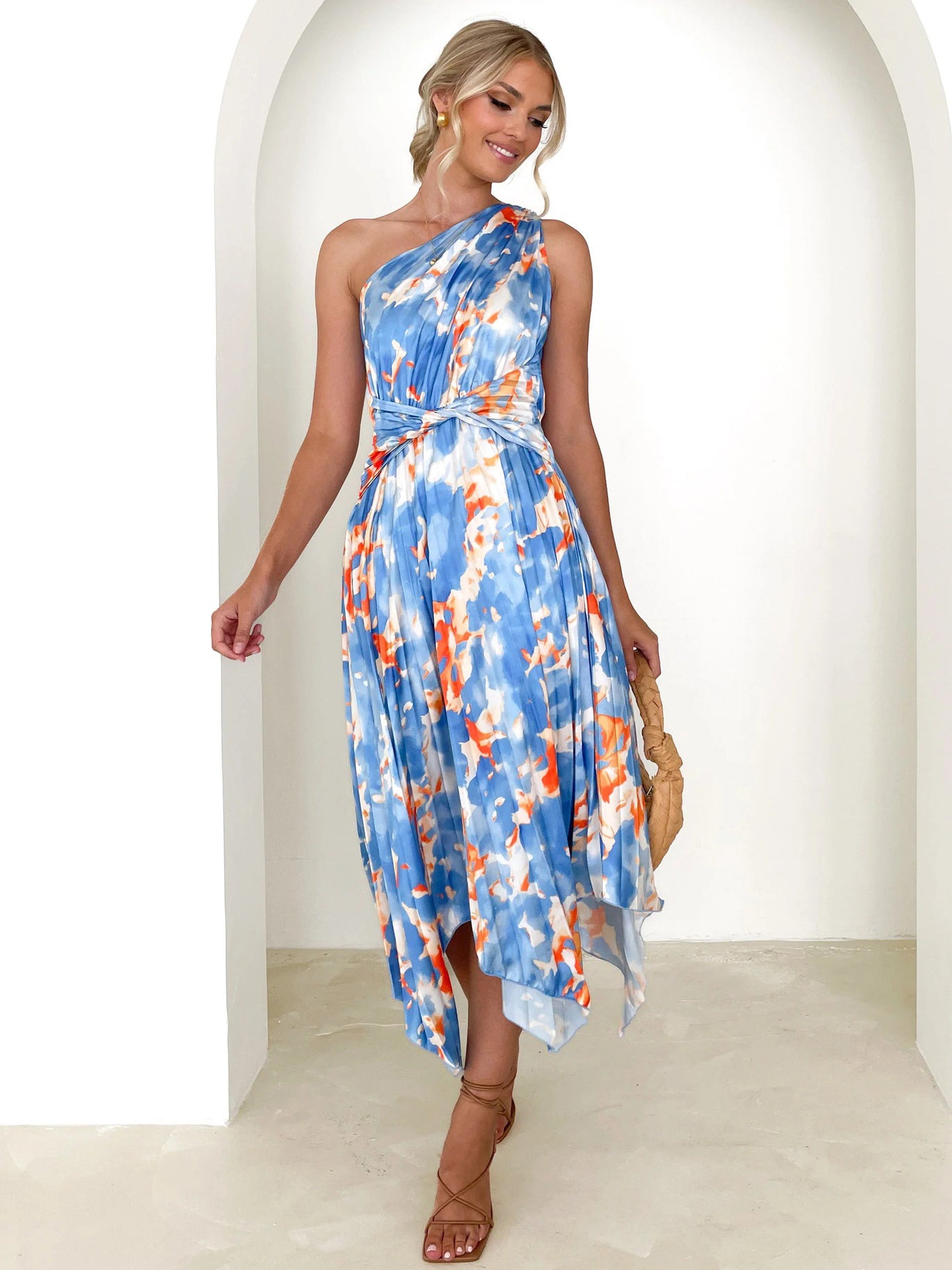 Summer Midi Dress Light Sky Blue Asymmetrical Neck Pleated Printed Spandex Beach Dress