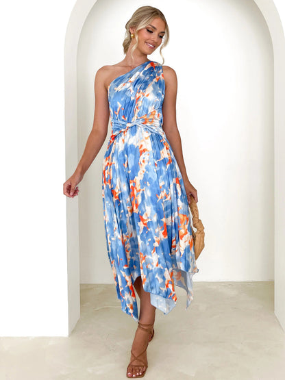 Summer Midi Dress Light Sky Blue Asymmetrical Neck Pleated Printed Spandex Beach Dress