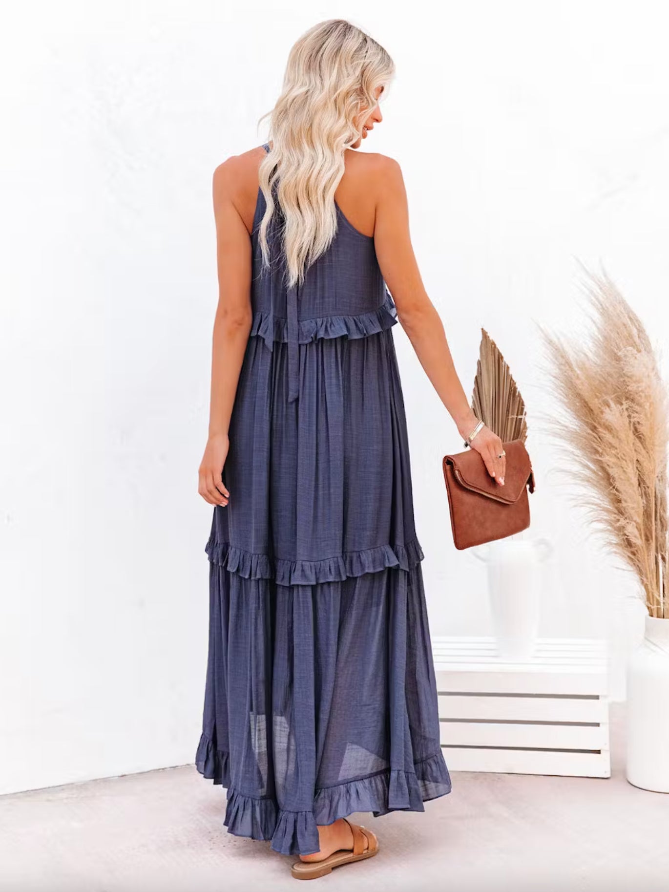 Boho Halter Neck Maxi Shift Dress for Women - Ruffle Tiered Flowy Sun Dress - Summer Beach Vacation 2026