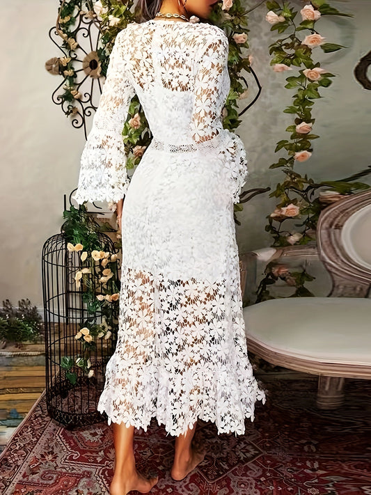 Guipure Floral Lace V-Back Bell Sleeve Fitted Waist Scalloped Hem Maxi Dress