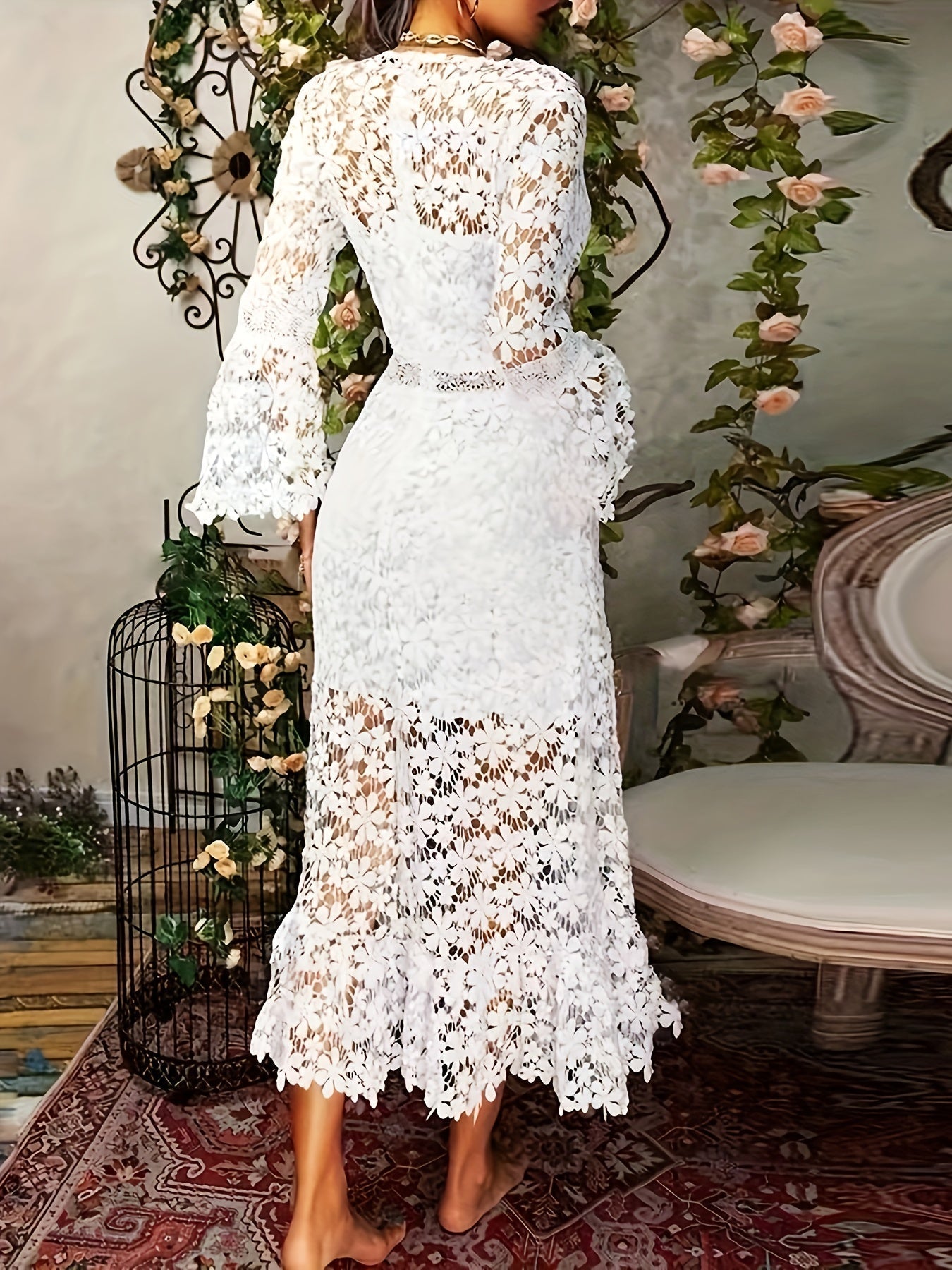 Guipure Lace Bell Sleeve Scalloped Hem Ruffle Tier Maxi Dress