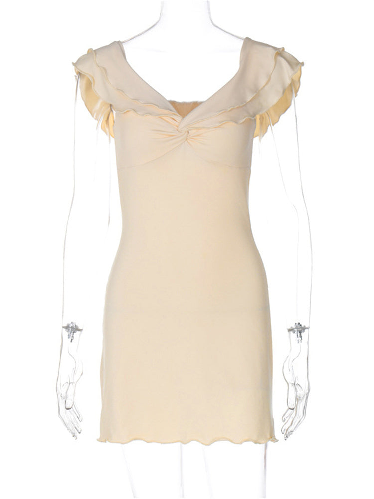 Tossy V-Neck Twist Backless Mini Dress – Ruffled Slim Patchwork Summer Casual Solid Bandage Dress for Women