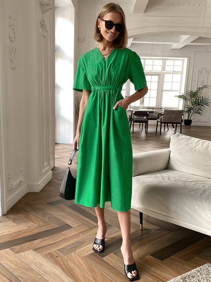 Summer Dress Short Sleeves V-Neck Pleated Pockets Casual Midi Dresses