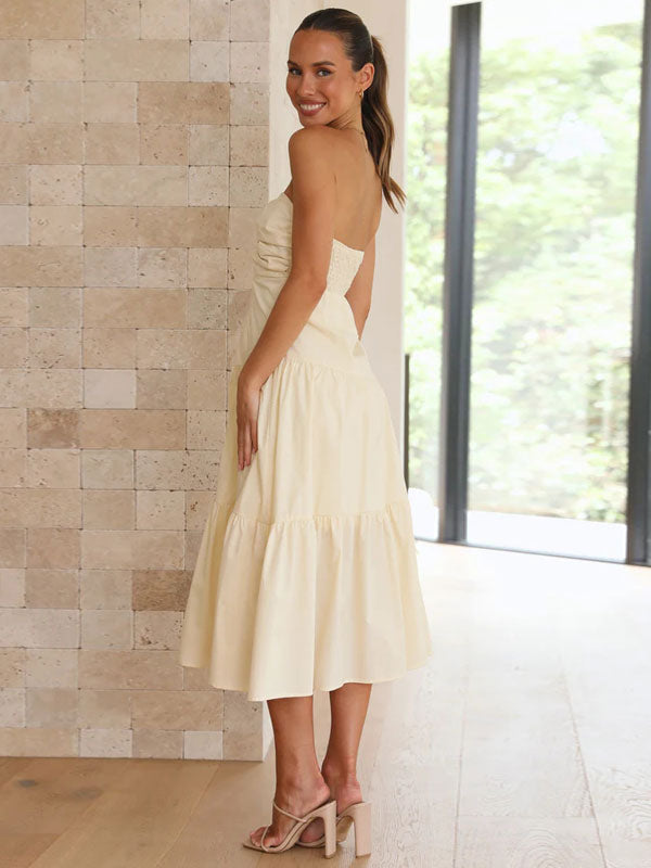 Summer Midi Dress Pink Strapless Cut Out Beach Dress