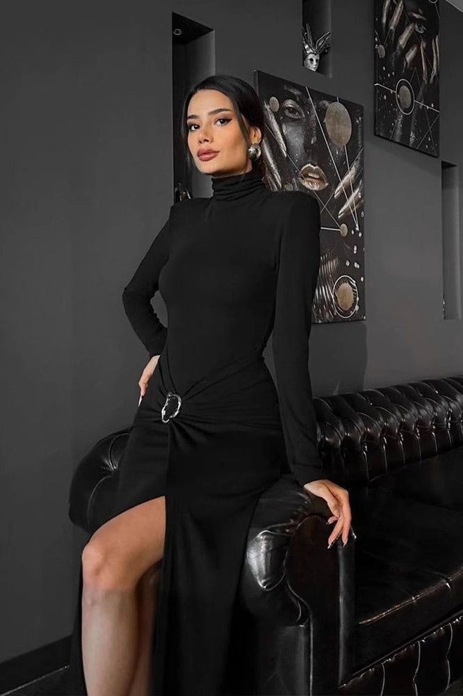 Mock Neck Long Sleeve Ring Hardware Ruched Wrap High Slit Maxi Dress