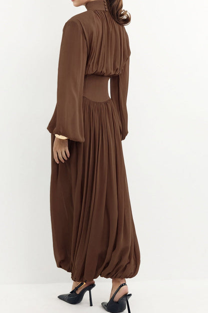 Mock Neck Pleated Bishop Sleeve Balloon Hem Maxi Dress