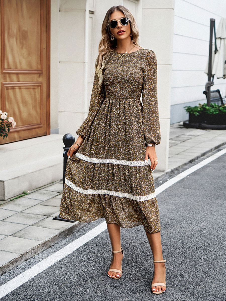 Floral Dress Layered Jewel Neck Long Sleeves Fall Midi Dress