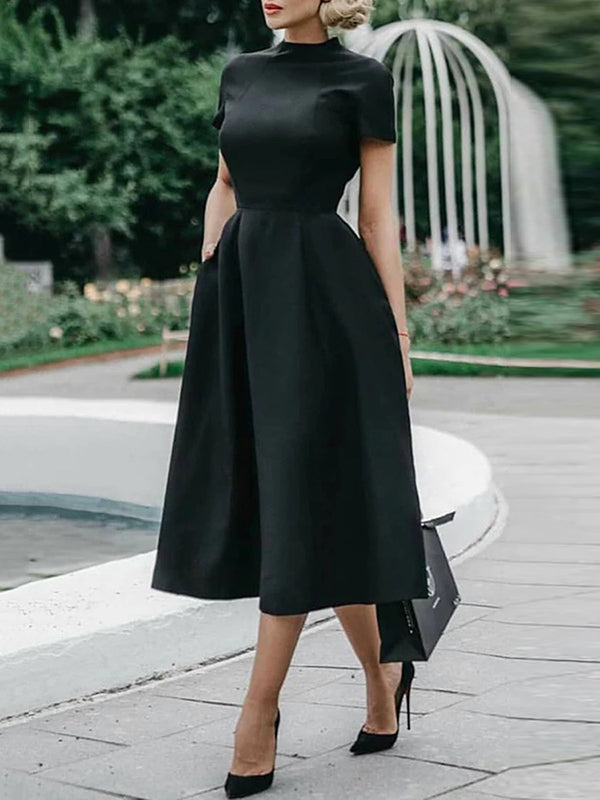 Short Sleeves Solid Color Stand Collar Midi Dresses