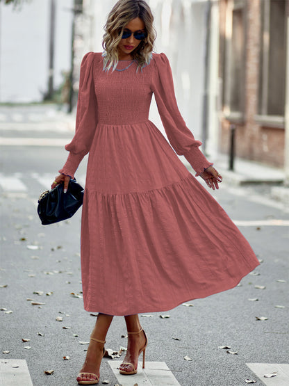 Pleated Midi Dress Lantern Sleeves Cuffs Layering Day Dresses