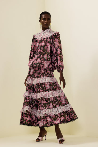Paisley Print Gold Foil Stamping  Midi Dress