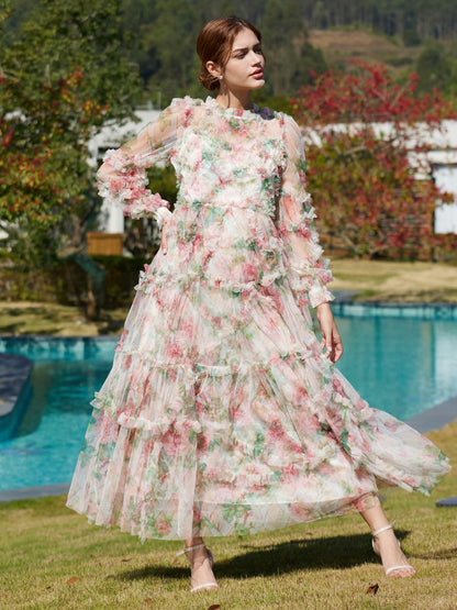 Floral Dress Illusion Neck And Sleeves High Collar Teried Party Maxi Dresses