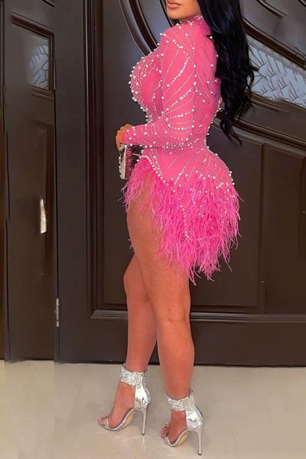 Sexy Sheer Beaded Slim Fit Stretch Asymmetric Feather Trim Mini Dress