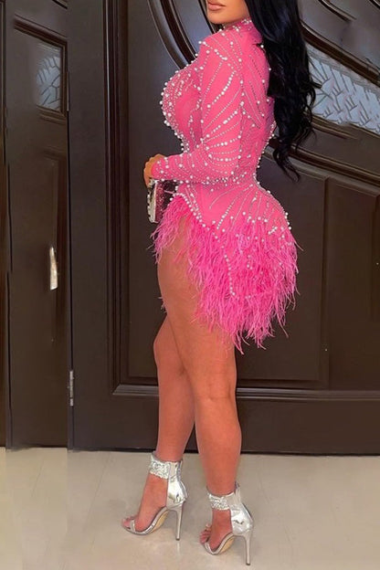 Sexy Sheer Beaded Slim Fit Stretch Asymmetric Feather Trim Mini Dress
