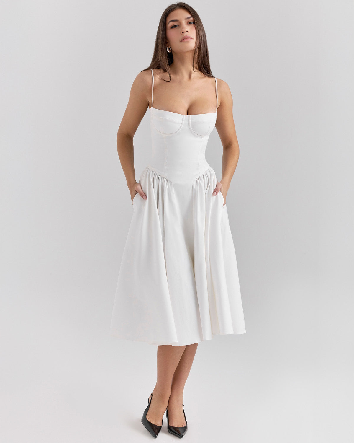 Spaghetti Strap Corset Bodice Basque Waist Pleated A-Line Midi Dress