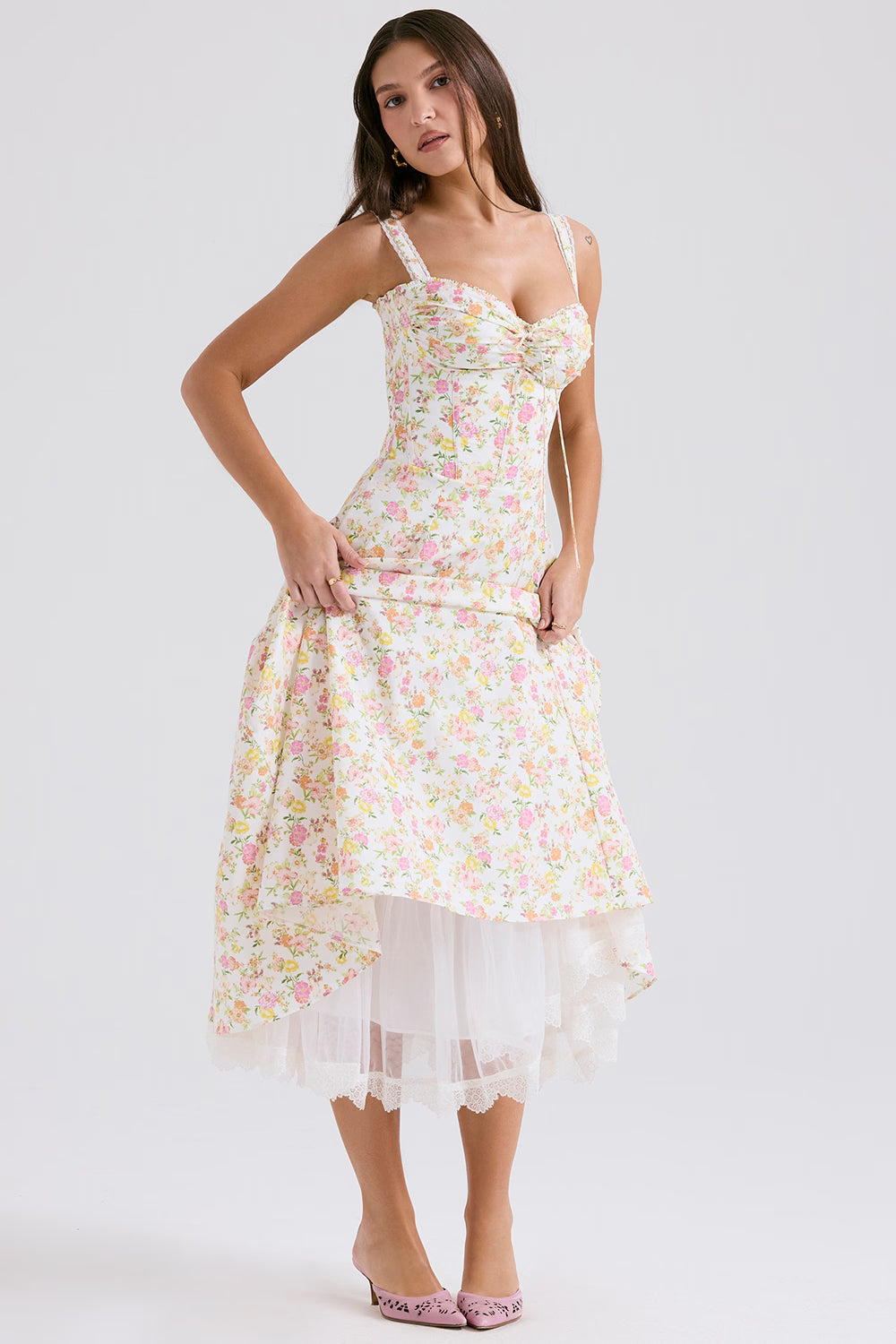 ivory meadow print cotton bustier sundress